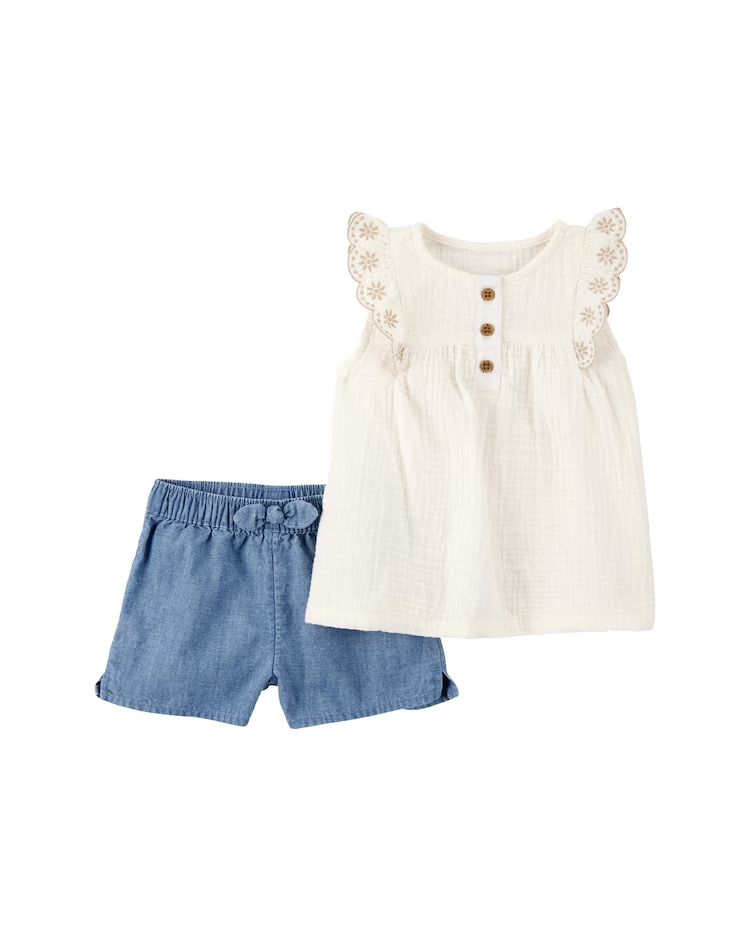 Conjunto curto bebê 2 peças bordado floral multicor | Carter's